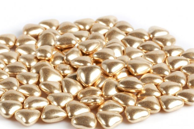 Busta trasparente doypack con confetti a forma di cuore a cioccolato fondente color Oro